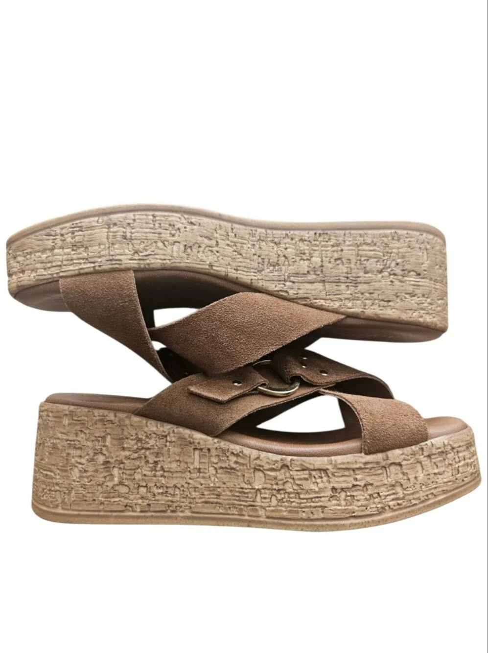 LOTTINI Suede Cross Band Wedge Womens Brown/Tan Sandal Gold Buckle Size 7 Summer